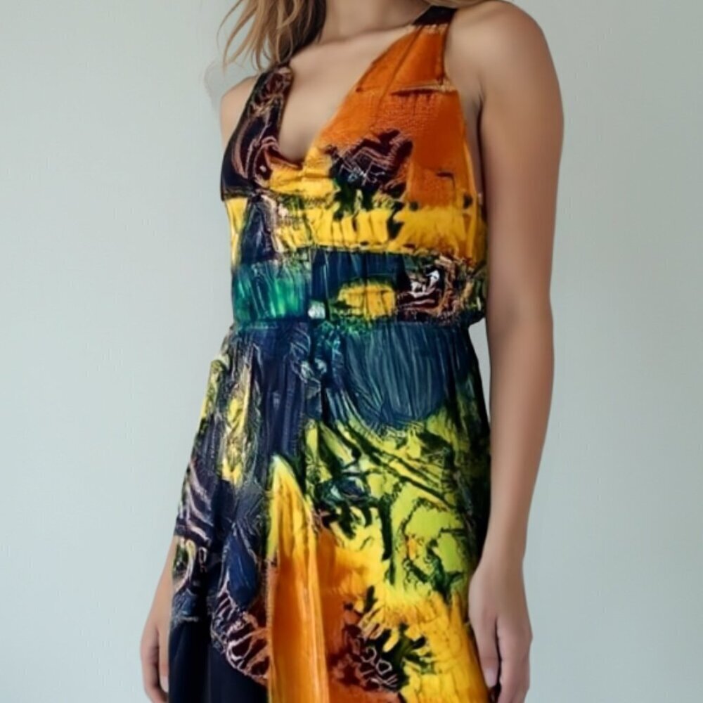 TRUE LIGHT Asymmetrical Satin Midi Dress XS Abstract Boho Luxe
